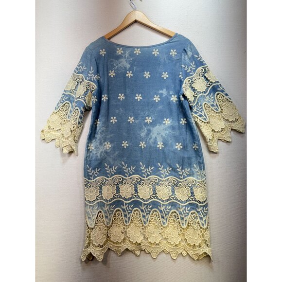 Vintage Womens Floral Crochet Embroidered Shift Dress Size S Blue Lace Boho - Picture 10 of 13